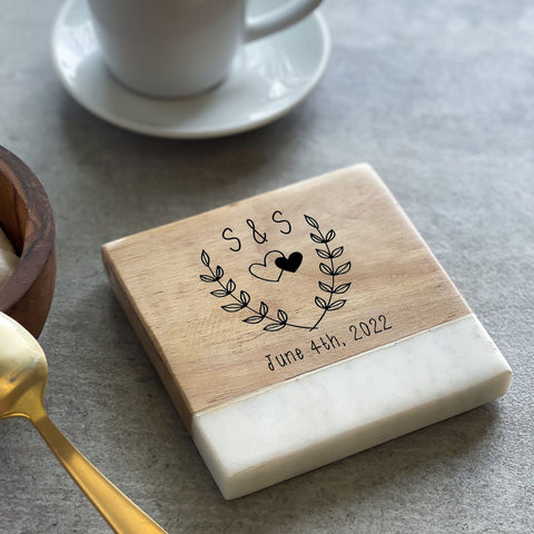 Personalized Square Wood & Marble Coaster