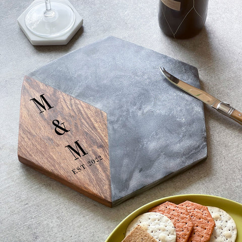 Personalized Initials Marble & Acacia Hexagonal Serving Platter
