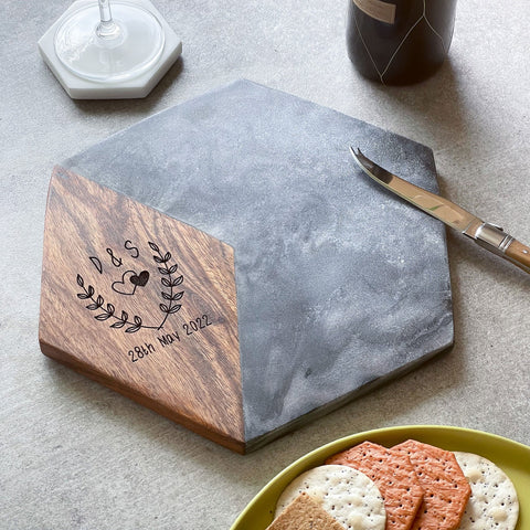 Personalized Marble & Acacia Hexagon Serving Platter