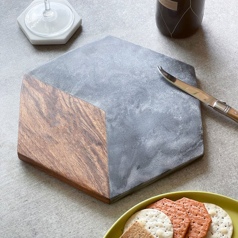 Hexagonal Marble & Wood Serving Platter