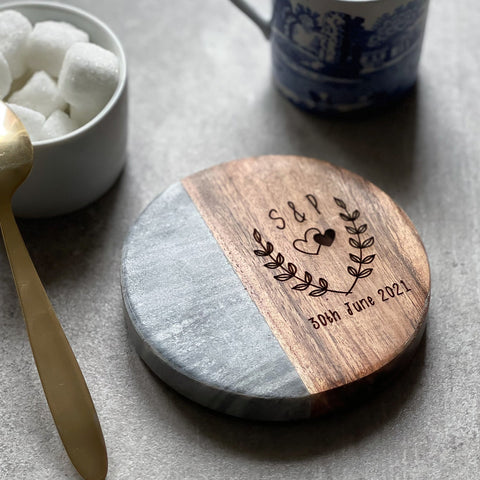 Personalized Anniversary Marble & Wood Coaster