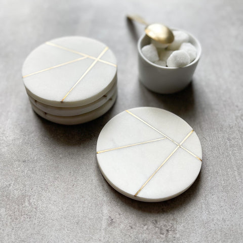 Set of Marble Contemporary Coasters With Brass Insert
