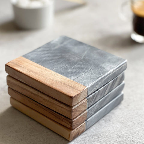Set of 4 Marble & Wood Square Coasters