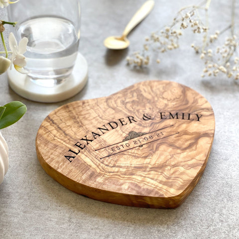Personalized Heart Shaped Olive Wood Cheeseboard