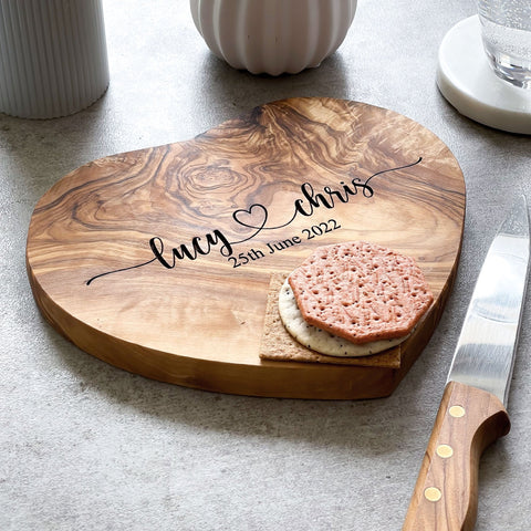 Personalized Heart Shaped Olive Wood Cheese Board