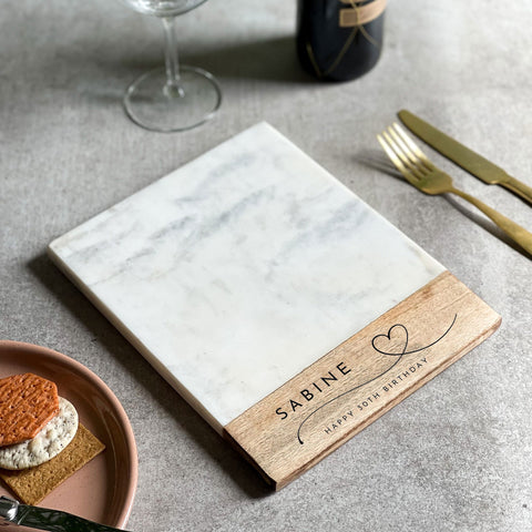 Personalized White Marble And Acacia Cheese Board