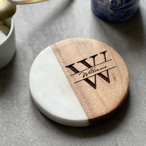 Personalized Monogram White Marble & Acacia Wood Coaster