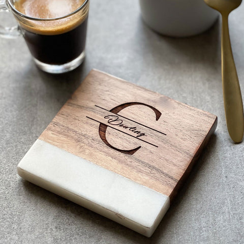 Personalized Monogram Square Marble & Wood Coaster